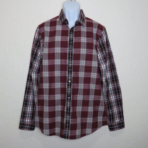 Express* Men's Long Sleeve Button Down Curved Hem Plaid Dress Shirt~ Size‎ Large - Picture 1 of 11